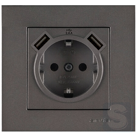 Розетка із заземленням та шторками USB-A + USB-A 5V-2.4A Arvia Electric KAREN Антрацит (20 06 2000 300)